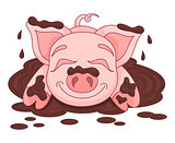 Vector illustration of cute pig in a puddle