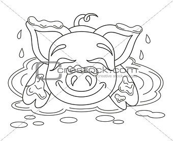 Funny piggy standing on dirt puddle, coloring book page