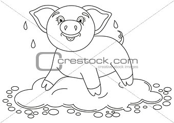 Funny piggy standing on water puddle, coloring book page