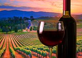 glass with red wine and bottle, atmosphere sunset