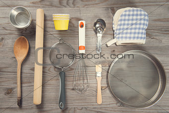 Various baking tools arrange from overhead view 