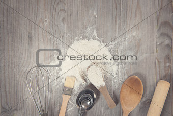 Baking tools from overhead view with copy space