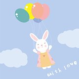 cute rabbit flying on balloons in the sky