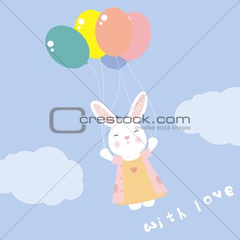 cute rabbit flying on balloons in the sky