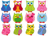 Set of twelve colourful cartoon owls 