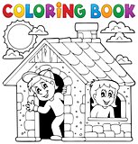 Coloring book children playing in house