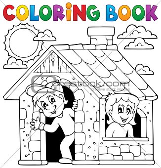 Coloring book children playing in house