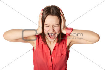 Closing ears with hands and screaming, isolated on white