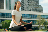 Relax Business Woman Yoga Lotus Position Outside Office Building