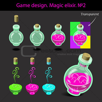 Vector illustration. Magic elixir in different colors with a woo