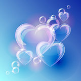 Romantic background with bubble hearts shapes on blue background.