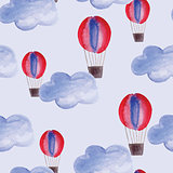 Vector Seamless Pattern with Watercolor Clouds and Air Balloons