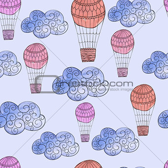 Vector Seamless Pattern with Watercolor Clouds and Air Balloons
