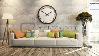 living room with big watch on concrete wall 3d rendering