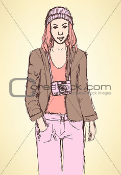 Sketch cute hipster girl in vintage style