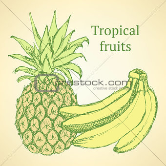 Sketch bananas and pineapple in vintage style