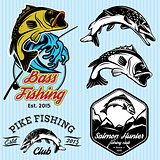 set of patterns with emblems for fishing with pike, salmon, bass