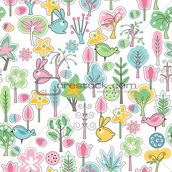Seamless pattern with rabbits and spring trees