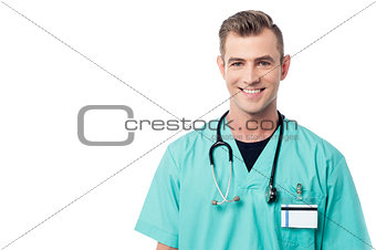 Young male physician isolated on white