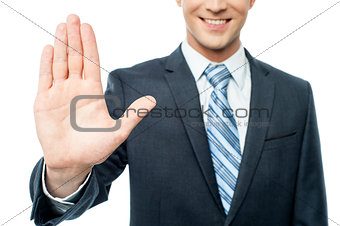 Businessman hands showing stop sign