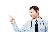 Male physician pointing his finger right