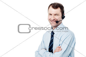 Confident call center operator isolated on white
