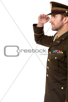 Side view of military officer salutation