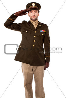 Army officer saluting, studio shot