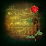 abstract grunge piano background with red rose