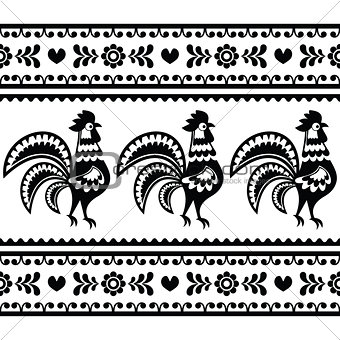Seamless Polish monochrome folk art pattern with roosters - Wzory lowickie