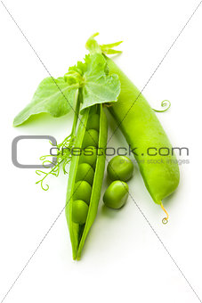Pea's Pods, Opened and Closed with leaves - isolated