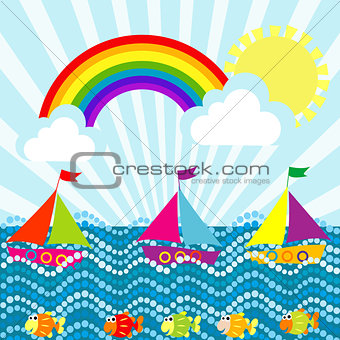 Cartoon landscape with sailing boats and rainbow