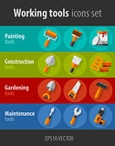 Working tools for construction and maintenance flat icons set