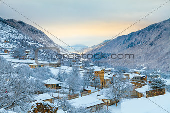 Dawn in the snow mountain village, Svaneti