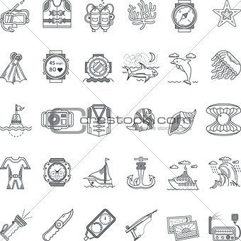 Sea leisure black line icons vector collection