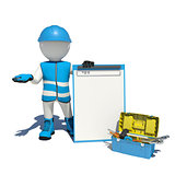 White man in special clothes, shoes and helmet holding clipboard. Background of toolbox