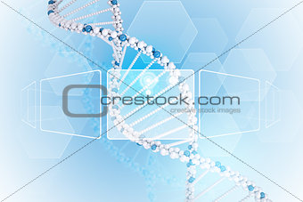 Information 3d blank board. Human DNA. Background of many hexagons