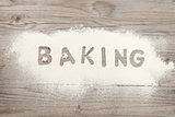 Word baking written in flour 