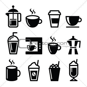 Coffee drinks, coffee makers icons set