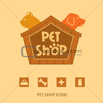 Logo with animals for pet shop. Cat and dog in the house. Vector logo,  label. Pet shop icons