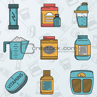 Sport supplements flat icons vector collection