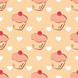 Tile vector pattern with cupcake and hearts on pink background