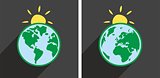 Earth with sun vector icon with green planet