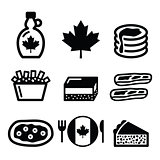 Canadian food icons - maple syrup, poutine, nanaimo bar, beaver tale, tourtière