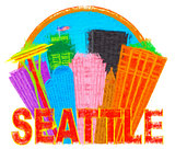 Seattle Abstract Skyline in Circle Impressionist Illustration