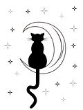 Black cat with long tail sitting on the moon
