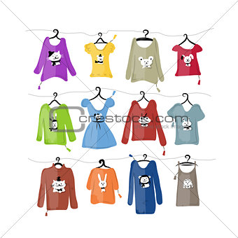 Set of clothes on hangers with funny animal design