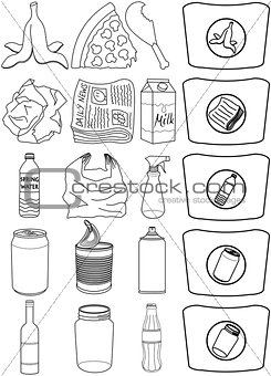 Food Bottles Cans Paper Trash Recycle Pack Lineart