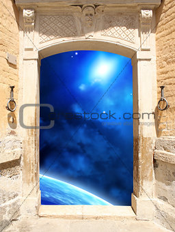 Ancient door and space scene
