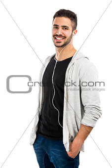 Man smiling and listen music